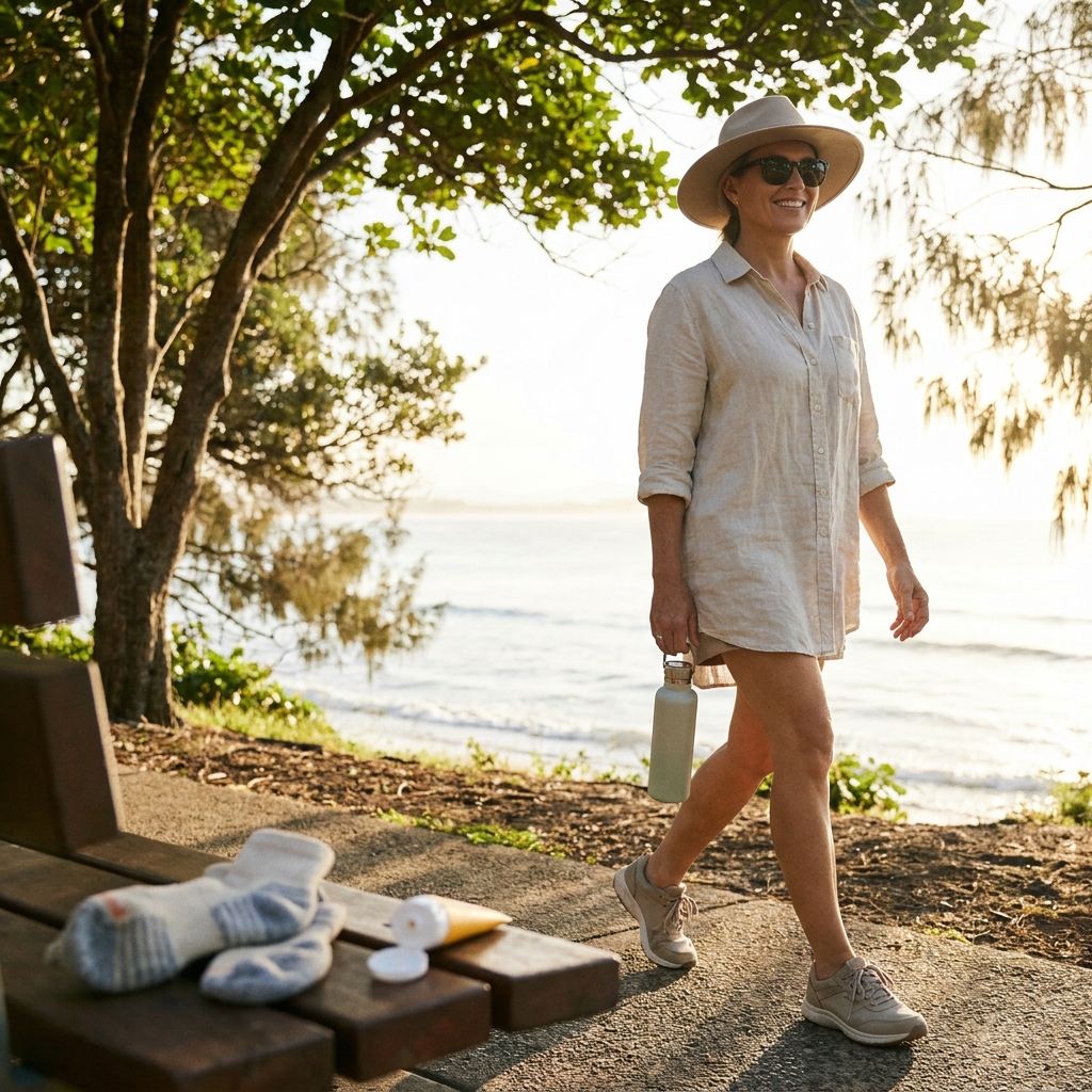 June outdoor walking safety: heat-aware pacing, sun protection, and summer foot comfort